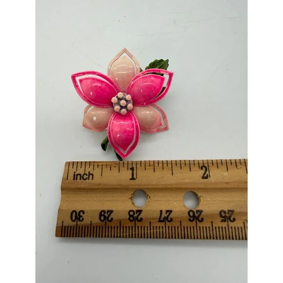 Vintage Pink Enamel Flower Brooch Pin Layered Floral Design Retro Green Stem - Picture 6 of 7